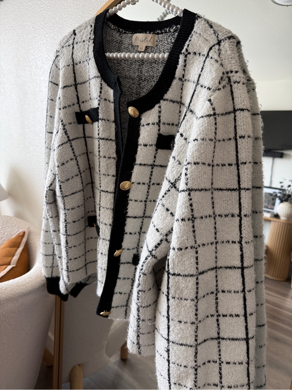 Marled Black and White Windowpane Knit Jacket